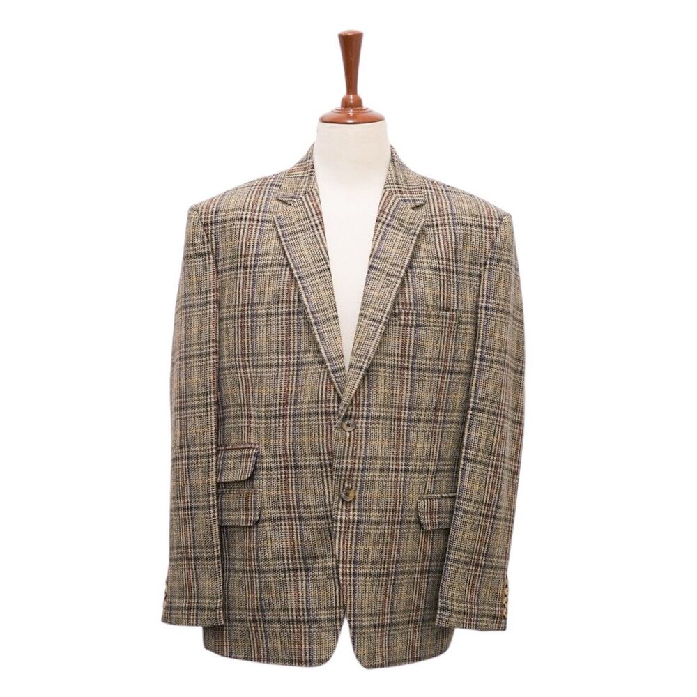 Mens 48R Tan Glen Plaid Wool Tweed Blazer 2 Button Sport Coat Classic Wedding